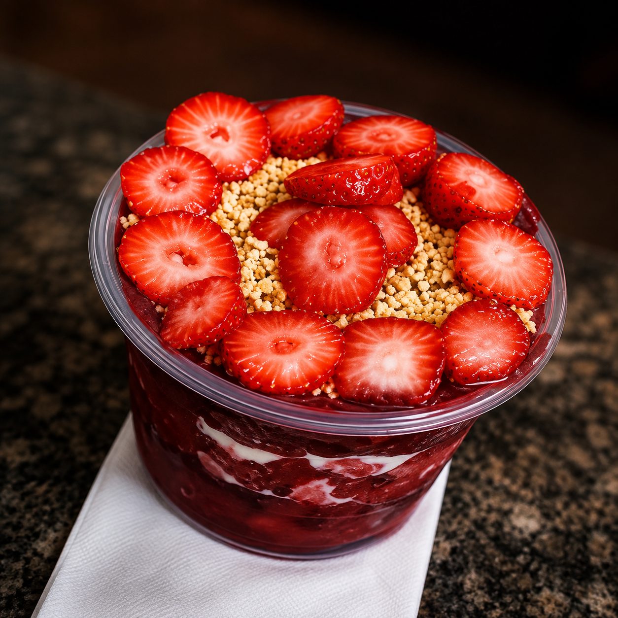 Depois: o mesmo açaí com morangos e granola melhorado pela IA